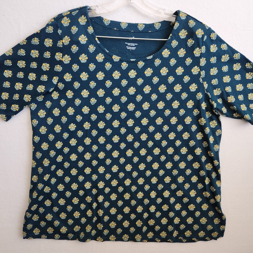J Jill Large Womens Green Yellow Floral Pima Slub Scoop Neck Side Slit Tee Shirt